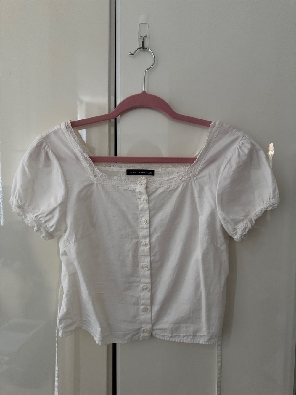 Brandy Melville White Button-Front Square Neck Puff Sleeve Top